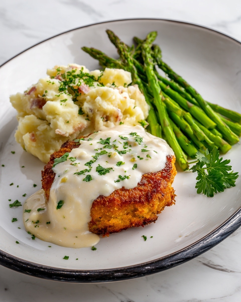 A close-up view of a white plate with a crispy fried chicken piece in the foreground, partially covered with creamy white gravy and small green herb pieces, the chicken is cut to show light brown cooked meat inside, a silver fork is pressing into the chicken from the top left. To the right of the chicken piece is a portion of mashed potatoes with bits of skin showing, topped lightly with the same gravy. In the bottom right corner, some green asparagus spears lay next to the chicken. The plate is set on a white marbled surface. Photo taken with an iphone --ar 4:5 --v 7