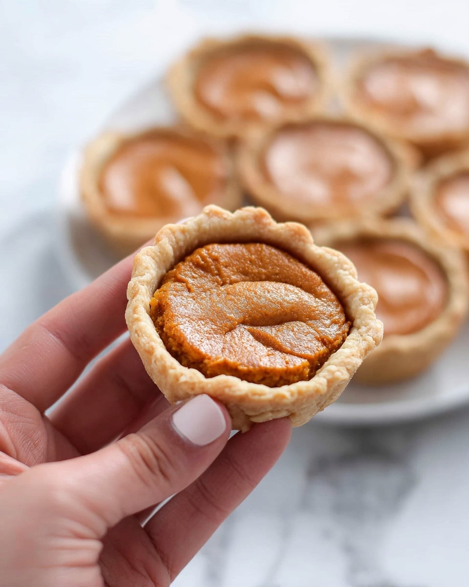 A close-up image shows a woman's hand holding a small pie with a light golden crust and a smooth, orange-brown filling that has a slightly wrinkled texture. The pie has one visible layer: the crust on the outside and the thick, creamy filling inside. In the blurred background, there are several similar pies arranged on a white plate sitting on a surface with a white marbled texture. Photo taken with an iphone --ar 4:5 --v 7