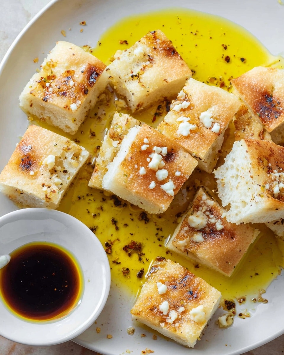 The image shows small square pieces of focaccia bread with a golden brown crust and sprinkled white cheese bits on top. The bread pieces are placed around and partially resting on a white round plate filled with two layers of liquid: a bright yellow olive oil base and a darker balsamic vinegar layer on top with small garlic bits scattered throughout. The bread looks soft inside with tiny air pockets, and the white marbled background is visible underneath and around the plate. Some bread pieces are slightly overlapping, and the scene is close-up to highlight the texture of the bread and the dipping sauce. photo taken with an iphone --ar 4:5 --v 7