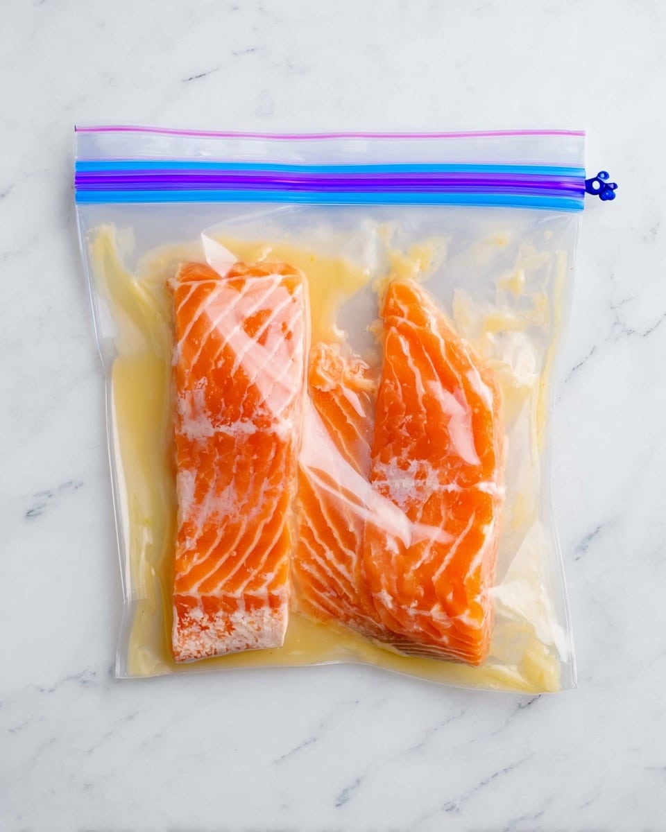 A clear plastic zip-lock bag lies flat on a white marbled surface, containing two pieces of bright orange salmon fillets. The fillets are coated and partly submerged in a light yellowish marinade that has a smooth, slightly thick texture, evenly covering the fish. The bag is sealed at the top with a blue and purple zip lock. The salmon shows natural white lines of fat running through it, visible through the transparent plastic. photo taken with an iphone --ar 4:5 --v 7