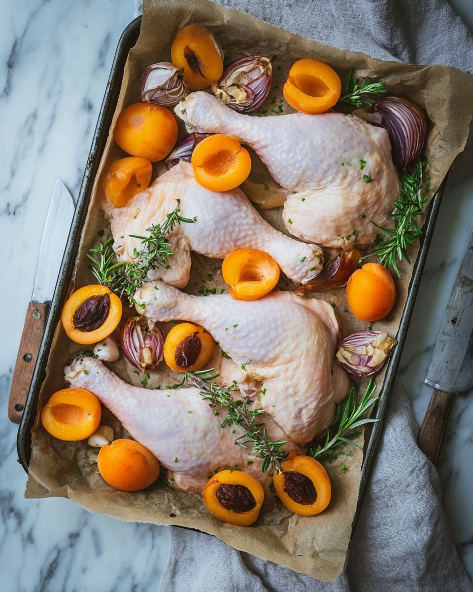 The image shows a baking tray lined with parchment paper holding three raw chicken legs layered with several halved apricots that have deep orange skin and dark brown pits, scattered shallot wedges with a light purple and white color, and whole garlic cloves with light brown skin; small green sprigs of rosemary are placed on top of the chicken and apricots, adding a fresh touch. The tray is set on a white marbled surface with a knife and light gray cloth visible nearby. Photo taken with an iphone --ar 4:5 --v 7