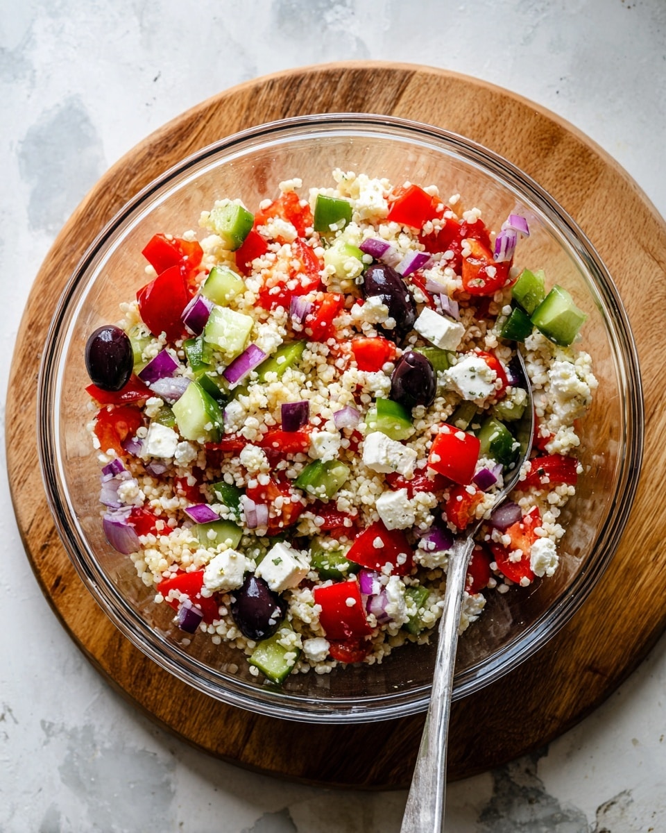 A clear glass bowl filled with a colorful salad sits on a wooden board over a white marbled texture. The salad has five main layers: a base of small white grains mixed evenly, scattered with green bell pepper pieces and small cubes of white cheese. There are also bright red tomato chunks and rings of light purple onion spread throughout. Dark purple olive halves add contrast and are mixed well among the other ingredients. The salad looks fresh and light with a mix of small to medium pieces, and there is a silver spoon resting inside the bowl. Photo taken with an iphone --ar 4:5 --v 7
