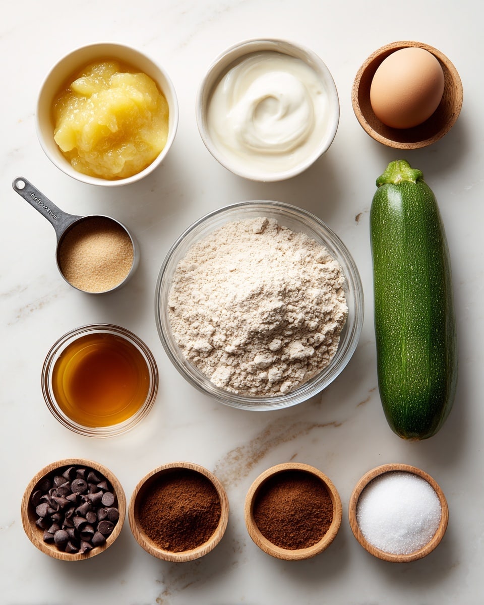 The image shows eleven baking ingredients arranged neatly on a white marbled surface. Starting from the top left, there is a small white bowl filled with yellow applesauce, next to it a white container with smooth, creamy white Greek yogurt, and to the right an egg placed in a small wooden cup. Below the applesauce is a metal measuring cup filled with light brown sugar, beside it in the center is a clear glass bowl heaped with whole wheat flour, and next to the egg on the right is a whole green zucchini. Moving down, there is a small white bowl with amber liquid vanilla extract, a small clear bowl full of dark chocolate chips, and three small wooden bowls arranged from left to right containing brown cinnamon powder, white salt, and white baking powder mixed with baking soda. Each ingredient is distinct with clean, simple textures and colors standing out against the white background. photo taken with an iphone --ar 4:5 --v 7