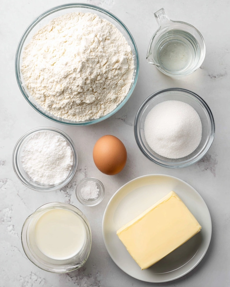 A top view of seven baking ingredients arranged on a white marbled surface: a large glass bowl filled with white flour at the top center, a medium-sized glass bowl of white sugar below it to the left, a light brown egg below the sugar, a small glass bowl of salt next to the egg at right, a small transparent jug with water above the salt, a short glass jug filled with white milk on the right side below the water, and a rectangular block of light yellow butter resting on a white plate on the right side near the top. photo taken with an iphone --ar 4:5 --v 7