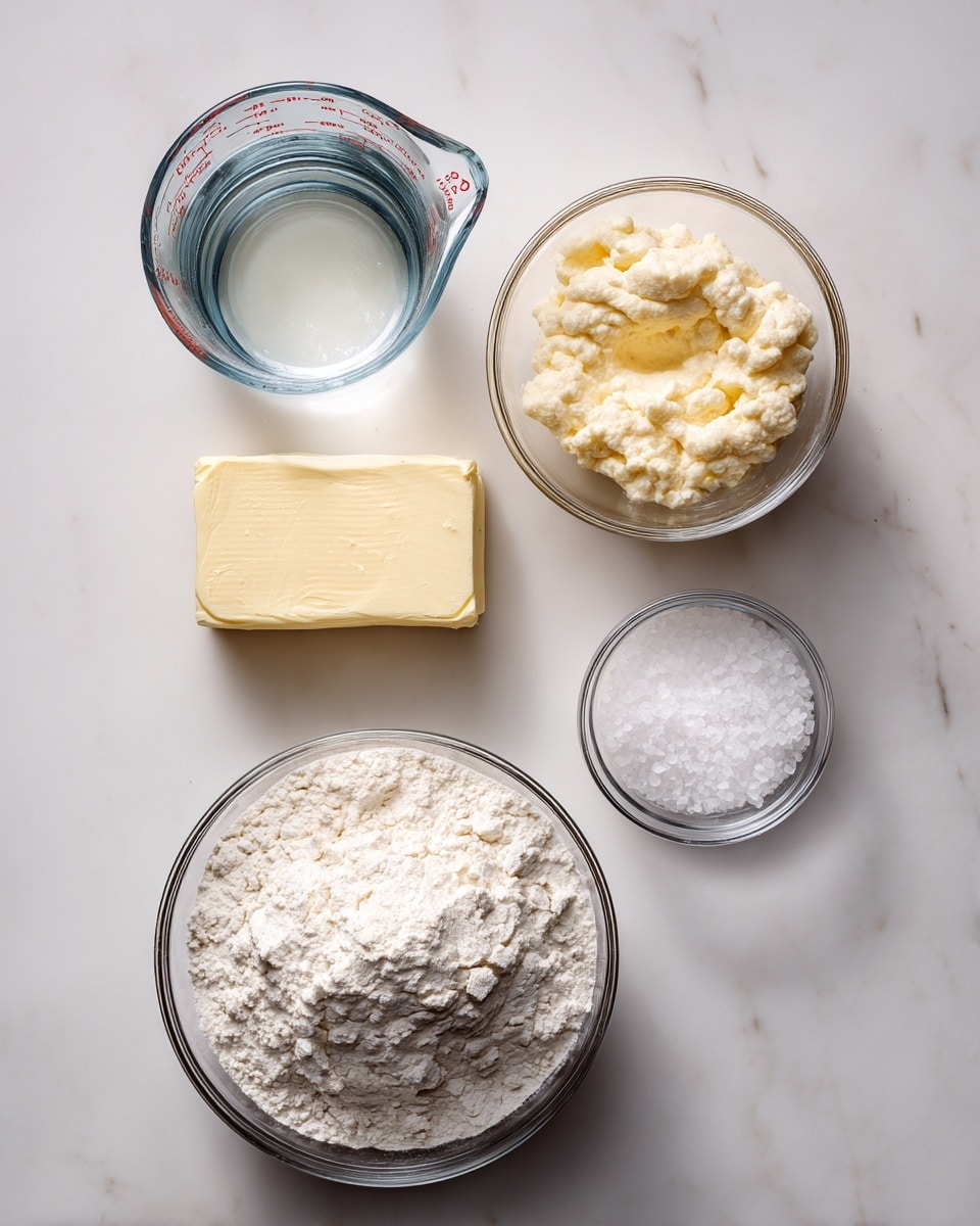 The image shows five ingredients arranged on a white marbled surface. At the top left is a glass measuring cup filled with clear water. To its right is a clear glass bowl with a light beige sourdough starter that has a soft, bubbly texture. Below the measuring cup is a rectangular piece of pale yellow butter. Across from it, to the right, is a small clear glass bowl filled with white salt crystals. At the bottom is a large clear glass bowl heaped with white all-purpose flour that has a slightly uneven surface. The photo has soft lighting and a clean, minimal look. photo taken with an iphone --ar 4:5 --v 7
