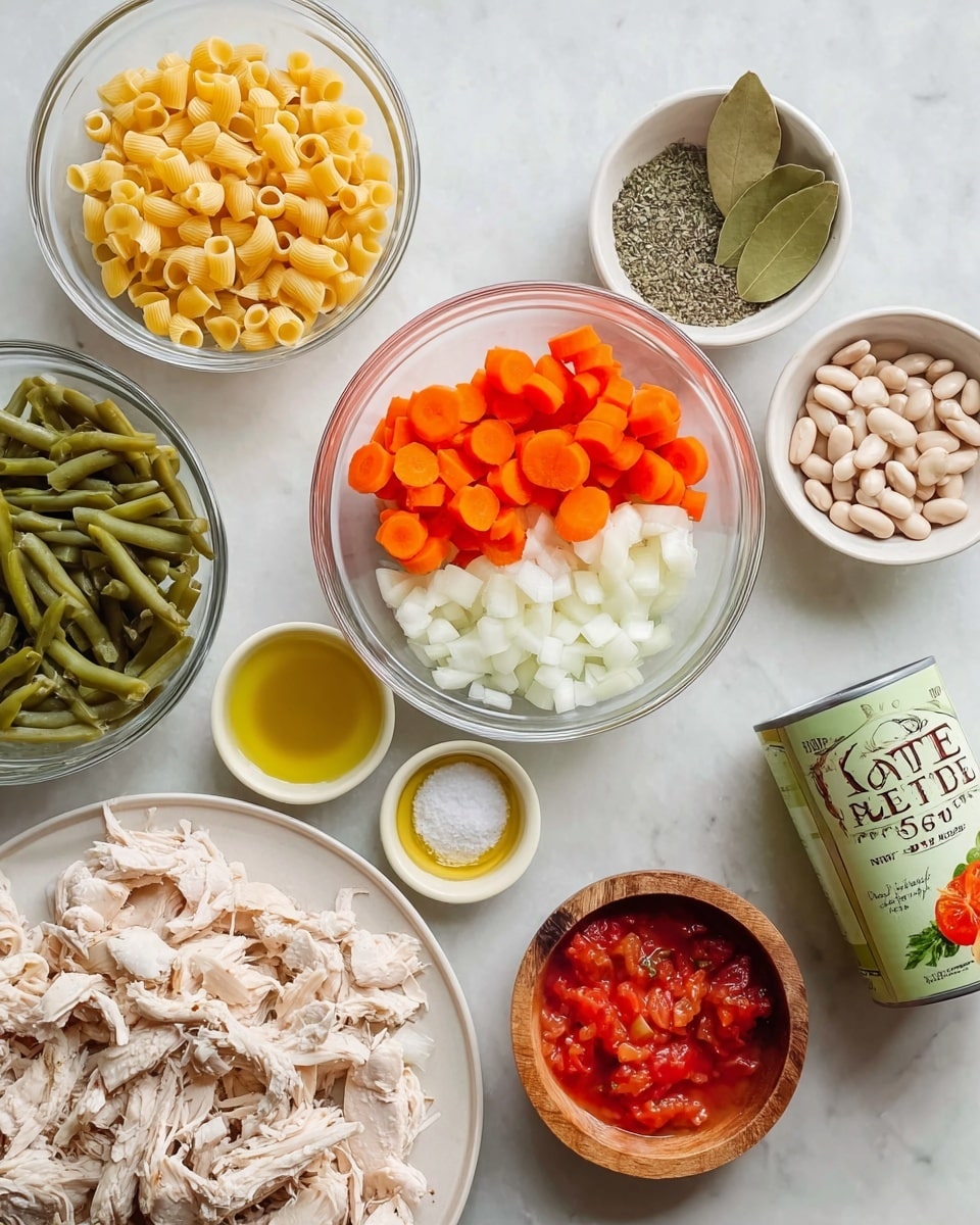 A collection of clear and white bowls arranged on a white marbled surface show various ingredients. In the center is a clear bowl with two layers: bright orange carrot slices on top and diced white onion on the bottom. To the right is another clear bowl filled with pale white beans. Above the carrot bowl is a smaller white bowl containing mixed dried herbs and two bay leaves. To the left, a clear bowl holds small yellow pasta shells. Below it is a white bowl filled with fresh green beans cut into small pieces. Near the bottom left is a white plate with shredded cooked chicken. Middle left has two small bowls, one with golden olive oil and the other with minced garlic. Between the chicken plate and carrot bowl is a small wooden bowl with salt and black pepper. To the bottom right is an open can of diced tomatoes with red chunks in juice, next to a green carton of vegetable broth with clear labeling. photo taken with an iphone --ar 4:5 --v 7