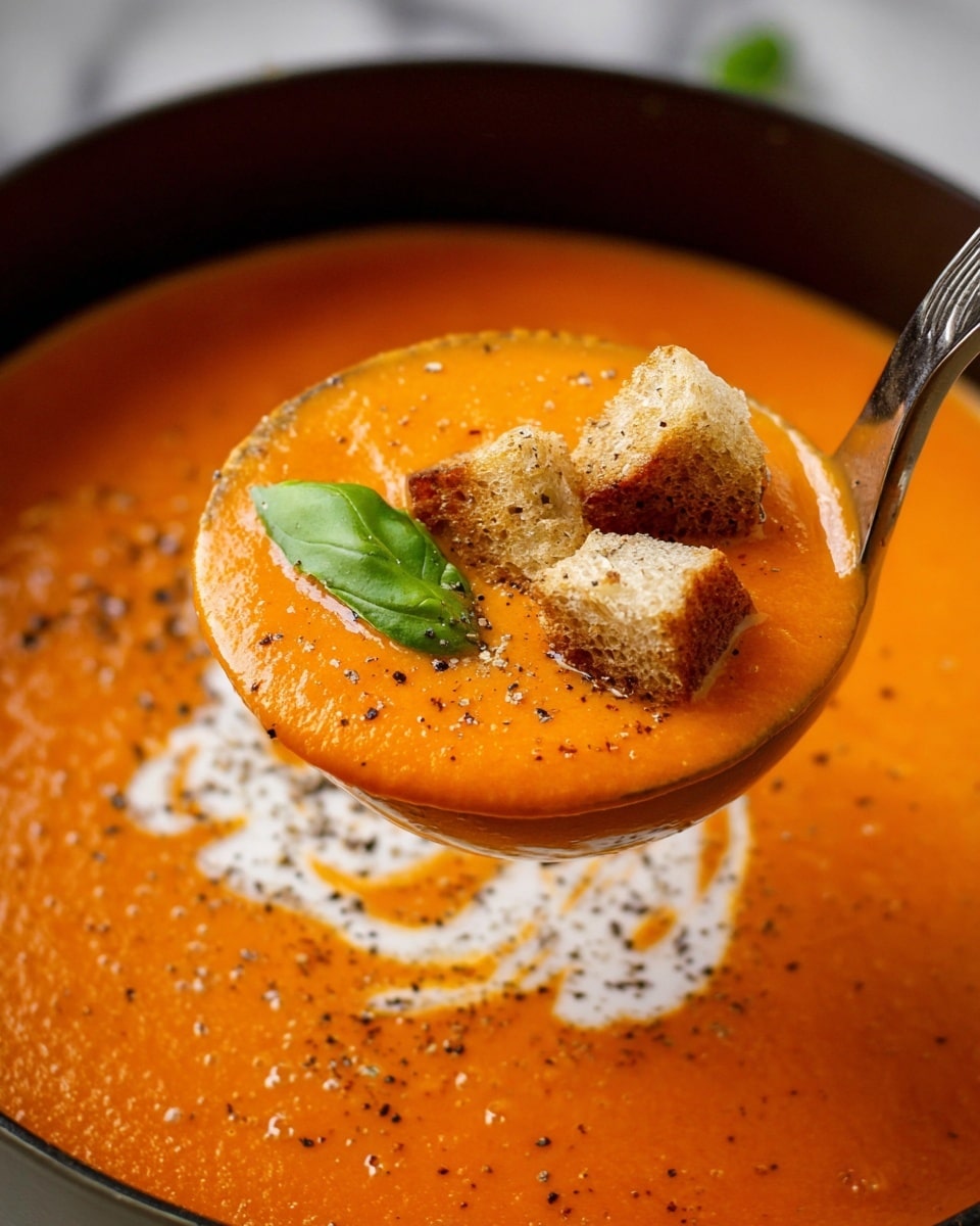 A close-up of a ladle filled with creamy orange tomato soup, showing its smooth texture with some small bits inside. On top of the soup in the ladle are two small brown croutons, a single green basil leaf, and a light sprinkle of black pepper. The background is a pot filled with the same orange soup, with a soft white swirl of cream and more black pepper sprinkled on its surface. The pot rests on a white marbled surface. Photo taken with an iphone --ar 4:5 --v 7