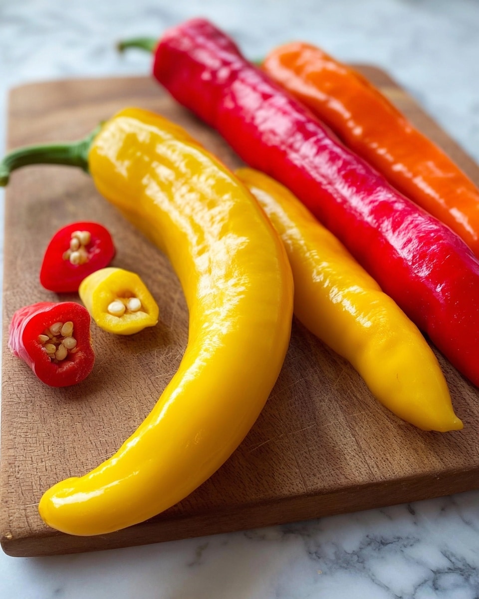 The image shows a wooden cutting board placed on a white marbled surface, with three long peppers arranged close to each other. The front pepper is bright yellow with a smooth shiny texture, lying curved. Behind it, there is a red pepper with a slightly wrinkled surface, and next to it, a bright orange pepper with a more matte finish. To the left, two small pepper pieces are visible — one red with seeds and a green stem, and one yellow showing seeds inside. The lighting highlights the colors and textures of the peppers clearly. Photo taken with an iphone --ar 4:5 --v 7