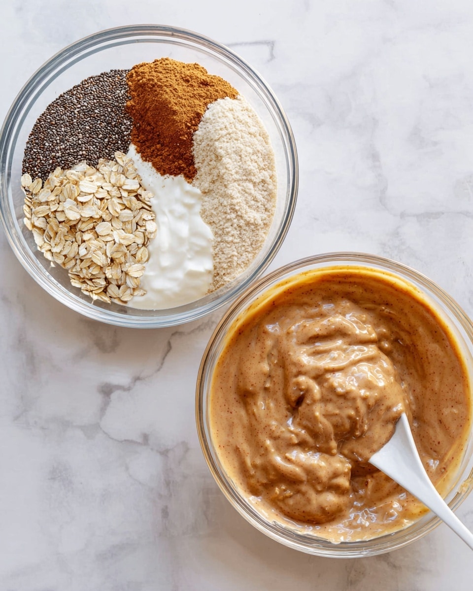 The image shows two clear glass bowls on a white marbled surface. The left bowl has seven layers of dry and wet ingredients placed separately: dark chia seeds in the top left, light brown ground flax seeds next to them, beige powder above, white yogurt mixed with dark amber syrup in a swirl on the right, light brown powder at the bottom right, light beige oats at the bottom left, and a small amount of cinnamon powder near the center. The right bowl contains a thick, creamy brown mixture with visible small lumps, stirred with a white spoon partially shown from the bottom right side. photo taken with an iphone --ar 4:5 --v 7