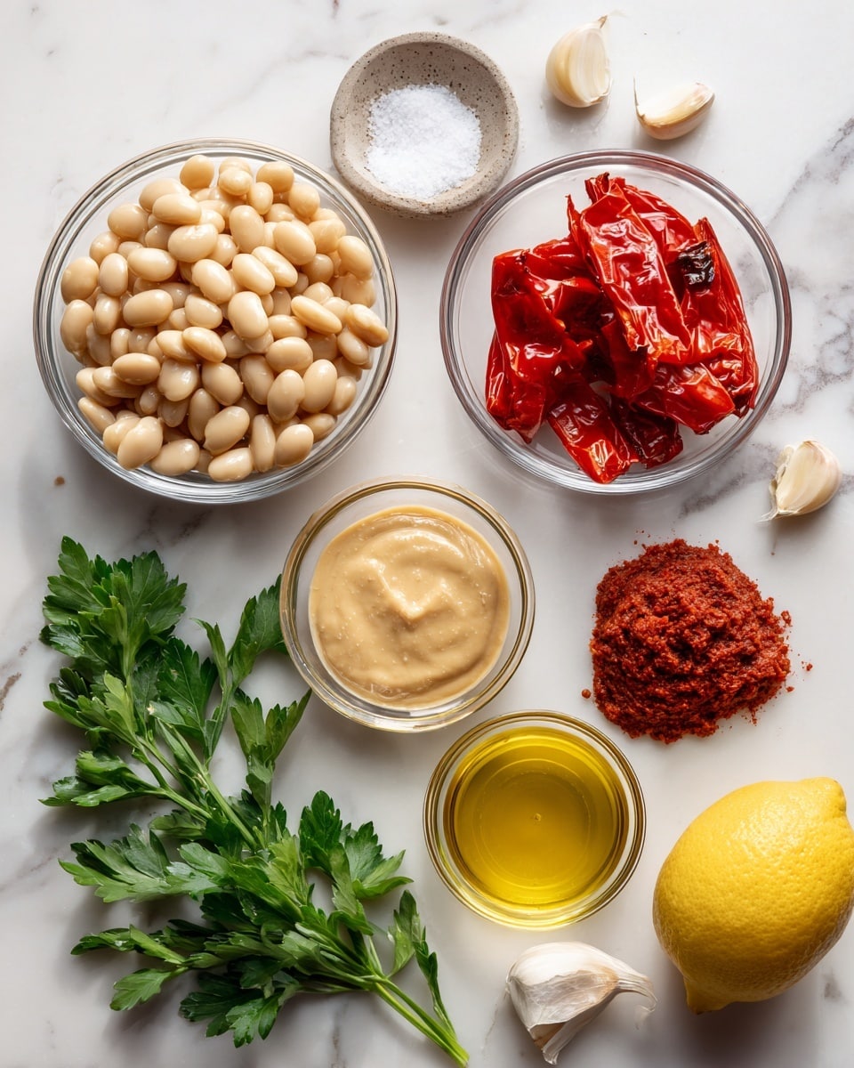 The image shows several small clear glass bowls and ingredients arranged on a white marbled surface. One bowl holds light beige butter beans, smooth and round. Another bowl contains soft roasted red peppers, bright red with some black spots. A smaller bowl contains a creamy light tan tahini sauce. Next to it is a tiny bowl of sea salt, white crystals. There is also a small bowl with shiny golden extra virgin olive oil. Fresh green parsley leaves rest directly on the surface. A whole yellow lemon is placed nearby. A single peeled garlic clove is also on the marble. Another small glass bowl holds dark red harissa paste with a coarse texture. All items are spaced evenly on the white marble. photo taken with an iphone --ar 4:5 --v 7