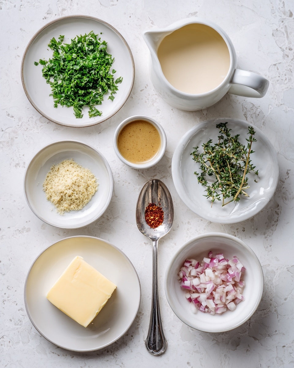The image shows seven small white dishes and one metal measuring spoon arranged on a white marbled surface. From the top left, a white plate holds chopped green parsley. To the right, a white pitcher contains smooth, thick heavy cream. Below the parsley, a white plate is divided into finely chopped garlic and thyme. Next to it, a white bowl filled with grainy Dijon mustard. To the right of the mustard, a white bowl contains light brown chicken stock. Below these, a small white plate holds a solid piece of pale yellow butter. A metal measuring spoon with a small amount of bright red cayenne pepper is placed vertically in the center. Lastly, at the bottom right, a white bowl is filled with finely chopped pale pink shallots. The setup is visually clean and organized, photographed with natural light photo taken with an iphone --ar 4:5 --v 7