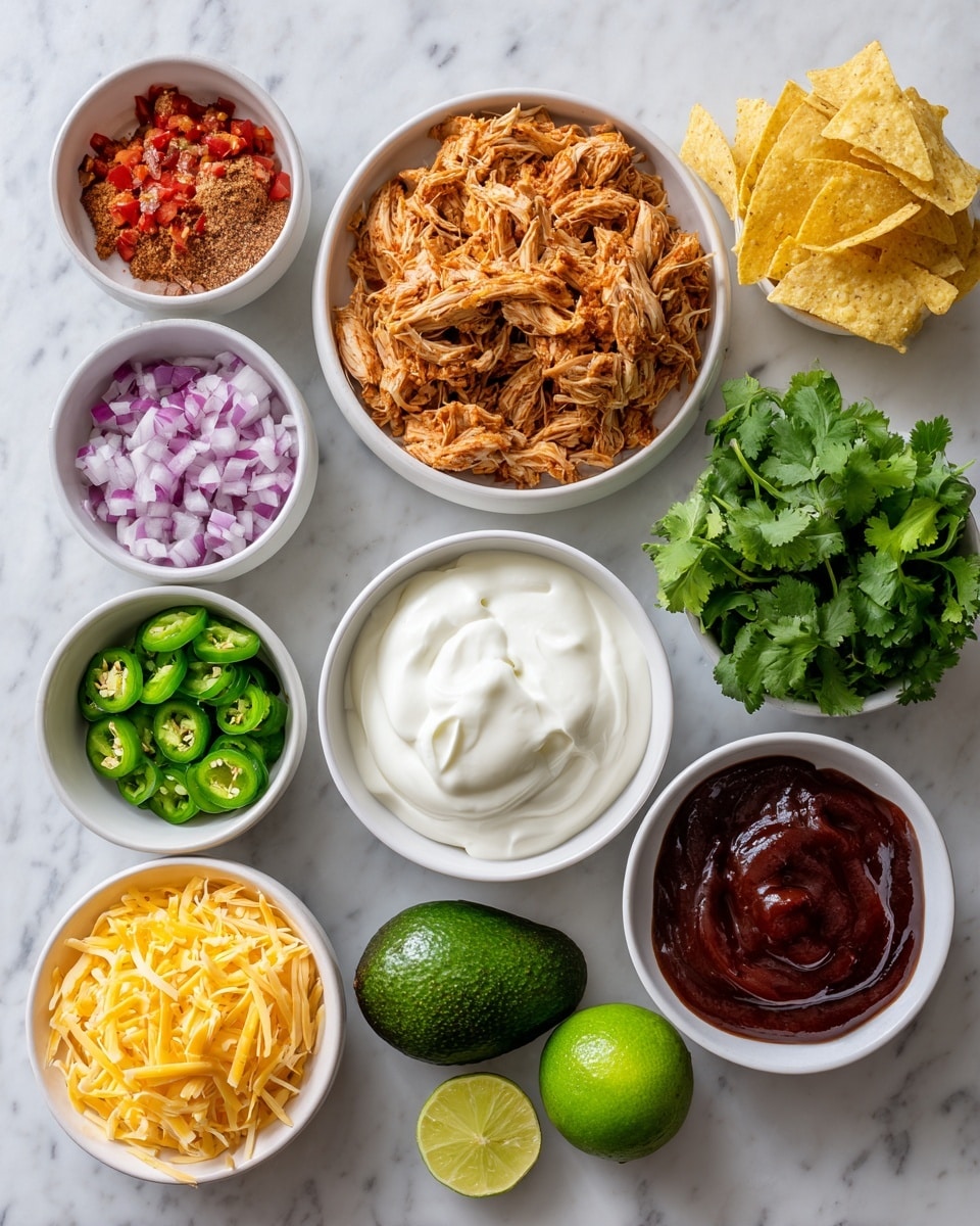 A white bowl in the center holds light sour cream with a smooth, creamy white texture. To the left, smaller white bowls contain chopped green jalapeno, a mix of taco spices with red, brown, and beige powders, diced red onion, and chopped red tomatoes. Below them, fresh green cilantro leaves, a whole dark green avocado, and two green lime halves are arranged on a white marbled surface. To the right, another white bowl is filled with shredded light brown chicken, and next to it is a white bowl with yellow tortilla chips. Below these, a white bowl holds a mix of yellow cheddar and white monterey jack shredded cheese. Below the cheese, a small white bowl contains black beans. On the far right, there is a white bowl filled with dark reddish-brown BBQ sauce. The bowls are arranged neatly on a white marbled surface, creating a colorful and fresh layout photo taken with an iphone --ar 4:5 --v 7