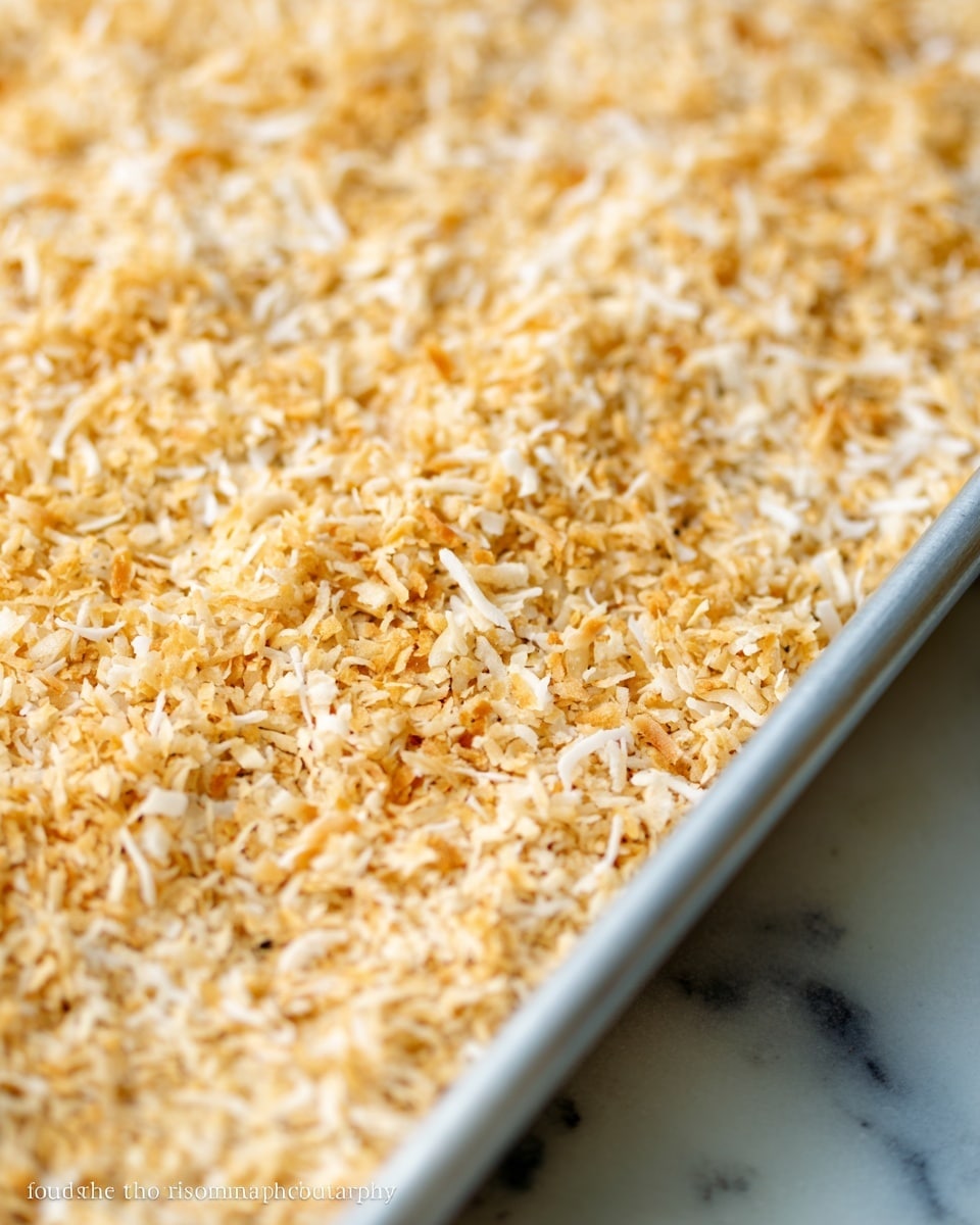 The image shows a close-up of a single layer of golden toasted shredded coconut spread evenly in a metal tray, with the texture looking slightly crunchy and dry. The coconut pieces have a mix of light golden brown and creamy white colors, giving a warm and earthy look, and the edges of the tray are slightly visible with a soft focus on the background. The tray sits on a white marbled texture surface. photo taken with an iphone --ar 4:5 --v 7