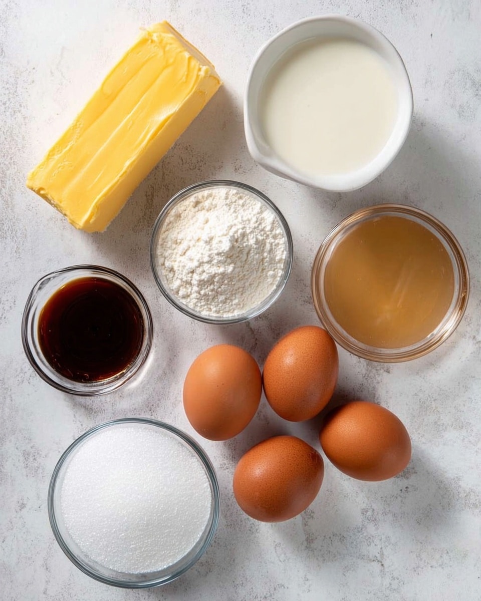 The image shows seven ingredients placed on a white marbled surface: a bright yellow block of butter at the top left, a small clear bowl filled with white powder near the center, and a clear bowl of light brown liquid at the right. Near the top center is a white bowl filled with milk. Below these are four brown eggs, three gathered near the bottom center and one just above them. To the left of the eggs is a small clear bowl with dark brown vanilla extract, and to the right of the eggs is a clear bowl full of white granulated sugar. The ingredients are spread out neatly in separate containers. Photo taken with an iphone --ar 4:5 --v 7