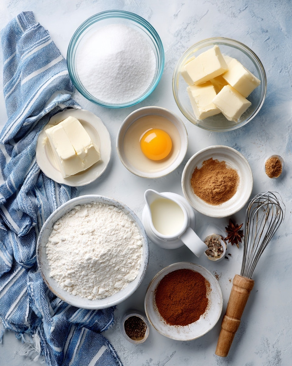The image shows various baking ingredients neatly arranged on a white marbled surface with a blue and white striped cloth on the left side. There are clear glass bowls holding white sugar and white flour, a small clear bowl holding white baking powder and salt, and another small clear bowl holding white cornstarch. A white bowl contains a cracked single egg with a yellow yolk, and another white bowl holds three small pieces of pale yellow butter. A small white pitcher holds white buttermilk, and a tiny dark bottle is labeled vanilla. A small glass bowl contains brown cinnamon powder, and a wooden handle spoon holds ground nutmeg. A small metal whisk with a light wooden handle lies near the cinnamon. All the containers are filled with the ingredients and are arranged evenly across the surface. photo taken with an iphone --ar 4:5 --v 7
