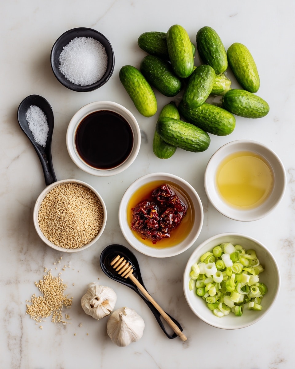 The image shows fresh mini cucumbers arranged in a pile on the left side on a white marbled surface. Around them are small white bowls and black spoons holding various sauces and ingredients. At the top left is a black spoon with coarse white sea salt. To the right of the cucumbers are three white bowls arranged in a triangular manner; the top bowl contains pale yellow rice vinegar, the right bowl holds dark brown soy sauce, and below them is a bowl with bright red chili crisp. Near the bottom center is a white bowl with golden honey and a wooden honey dipper resting inside. To the right of the honey is a metal measuring spoon with dark roasted sesame oil and two garlic cloves nearby. Below the honey is a white bowl filled with sliced green onions. At the bottom left is a black spoon with light brown sesame seeds, some spilled slightly on the surface. Each ingredient is labeled with black text and arrows. The background is a clean white marbled texture photo taken with an iphone --ar 4:5 --v 7