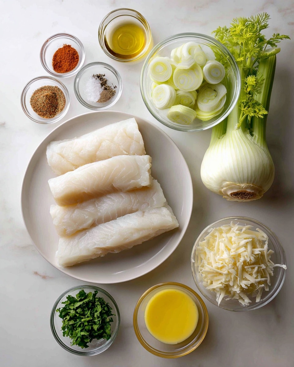 The image shows meal ingredients placed on a white marbled surface. In the center is a white plate holding four pale, large halibut fish fillets with a smooth texture. To the right, a clear glass bowl contains several round, thinly sliced green and white leek pieces. Next to it is a fresh fennel bulb with green fronds, surrounded by three garlic cloves with their light brown skins. On the bottom right, a small clear glass bowl holds melted yellow butter. At the bottom left, another small clear bowl contains shredded pale parmesan cheese, beside it is a bowl filled with finely chopped bright green parsley. Above them is a small glass bowl with golden olive oil. To the top left, there are small piles of spices: reddish paprika, light brown onion powder, and a half lemon showing bright yellow and textured skin. Nearby is a small dish of salt and black pepper. All items are spaced neatly and labeled clearly with white text boxes. Photo taken with an iphone --ar 4:5 --v 7