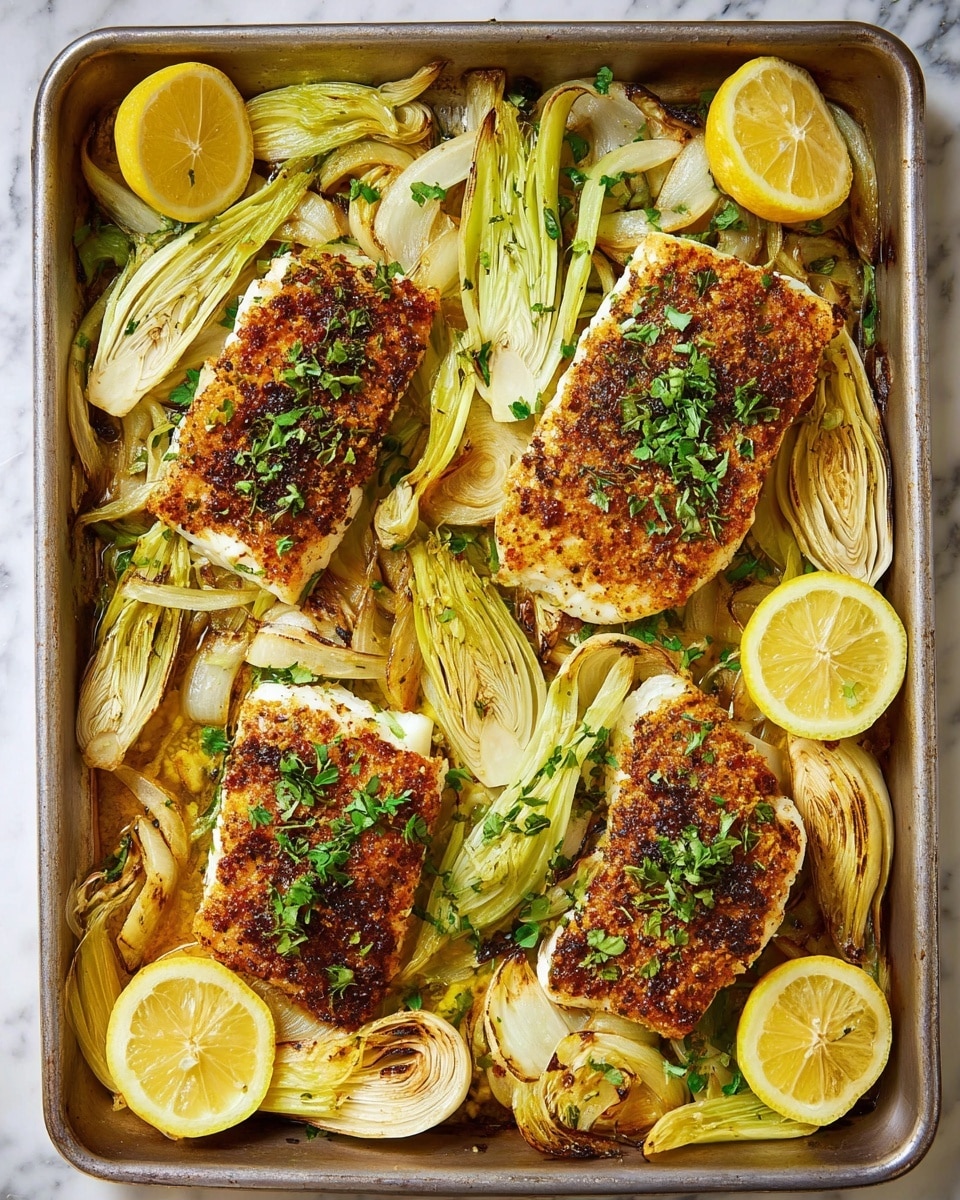 The image shows a baking tray filled with four pieces of crispy, golden-brown roasted fish fillets, each topped with green chopped herbs. Beneath the fish, there are two layers of vegetables: sliced pale yellow fennel with light char marks, and rings of light green leeks also slightly browned from roasting. Around the edges of the tray are several bright yellow lemon wedges. The whole dish is on a white marbled surface. photo taken with an iphone --ar 4:5 --v 7