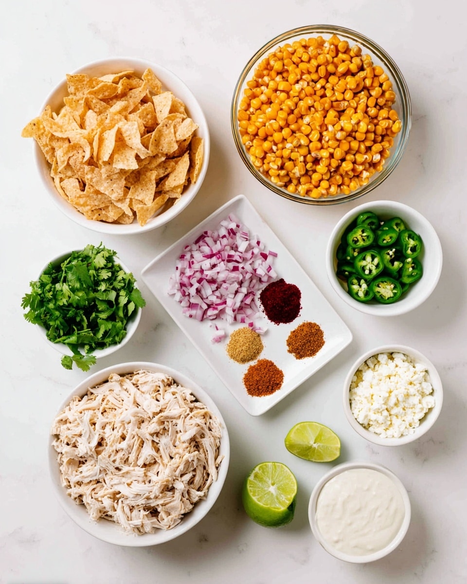 The image shows several white bowls and a clear glass bowl arranged on a white marbled surface. At the top center, there is a clear glass bowl filled with bright orange roasted corn kernels. To its left, a white bowl contains light brown crunchy chips. Below, another white bowl holds chopped red onions and green jalapeños mixed together. To the right, a white square plate displays three piles of colorful spices: dark maroon, red, and light brown. On the bottom left, a large white bowl is filled with shredded light beige chicken. Next to it, a small white bowl is filled with white crumbly cheese, and further right, a small white bowl has chopped green cilantro. Two green lime halves are placed near the bowls. At the bottom right, there are two small white bowls containing creamy white sauces. The whole setting is bright, neat, and clean, with fresh ingredients clearly visible. photo taken with an iphone --ar 4:5 --v 7