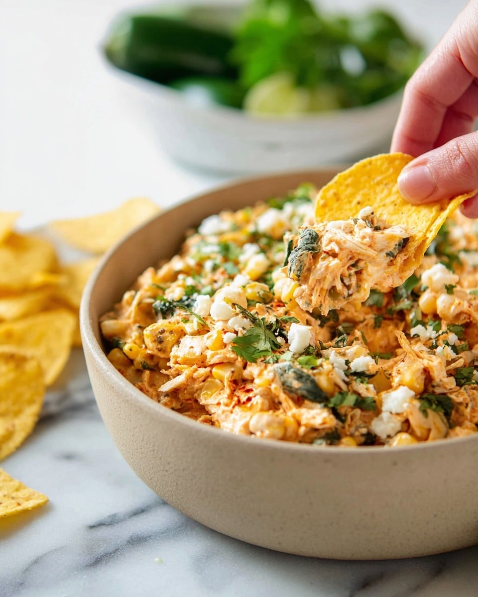 A beige bowl at the center is filled with a colorful mix of creamy orange, yellow corn, white cheese crumbs, and green leafy herbs, with visible textures of shredded ingredients throughout. A woman's hand holds a round yellow tortilla chip dipped into the dip, catching some of the mixture with bits of cheese and herbs on top. In the blurry background, a white bowl with green leaves and two light yellow tortilla chips can be seen on a white marbled surface. photo taken with an iphone --ar 4:5 --v 7
