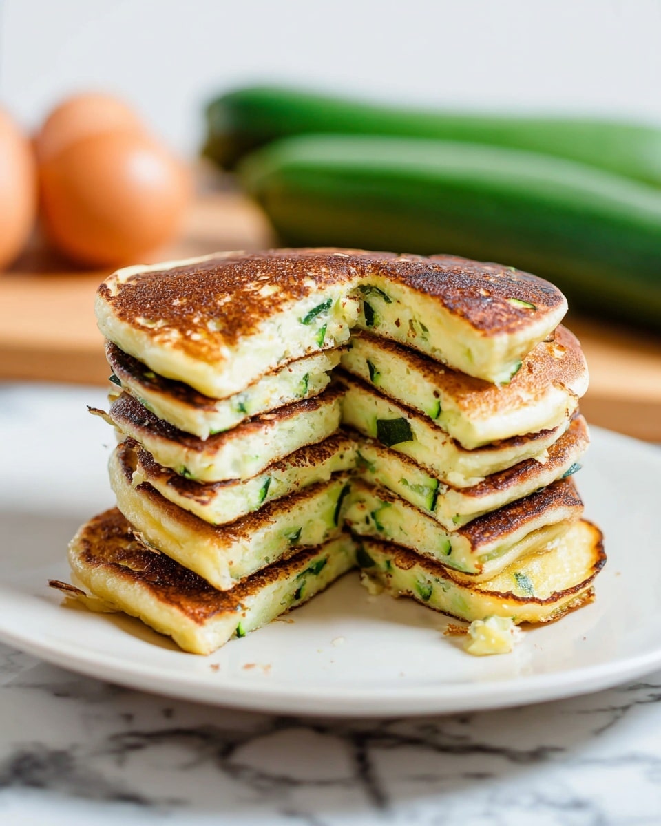 A stack of six pancakes shows five whole pancakes and one sliced in half on a white plate, each pancake thick and golden-brown with green zucchini slices clearly visible in every layer. The pancakes have a slightly crispy, browned surface with soft, light yellow interiors that contrast with the bright green zucchini inside. The stack is cut in the middle, revealing the even layering and texture. In the background, unfocused eggs and a whole zucchini rest on a white marbled surface. The photo taken with an iphone --ar 4:5 --v 7