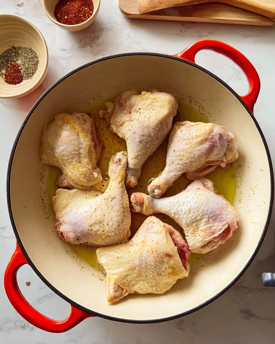 A white pan with a red handle holds six pieces of chicken being cooked in oil. The chicken pieces are a mix of drumsticks and thighs, with a pale pink raw color and some light golden browning on the skin. The pan sits on a white marbled surface with a wooden spatula and small bowls containing spices in the background. photo taken with an iphone --ar 4:5 --v 7