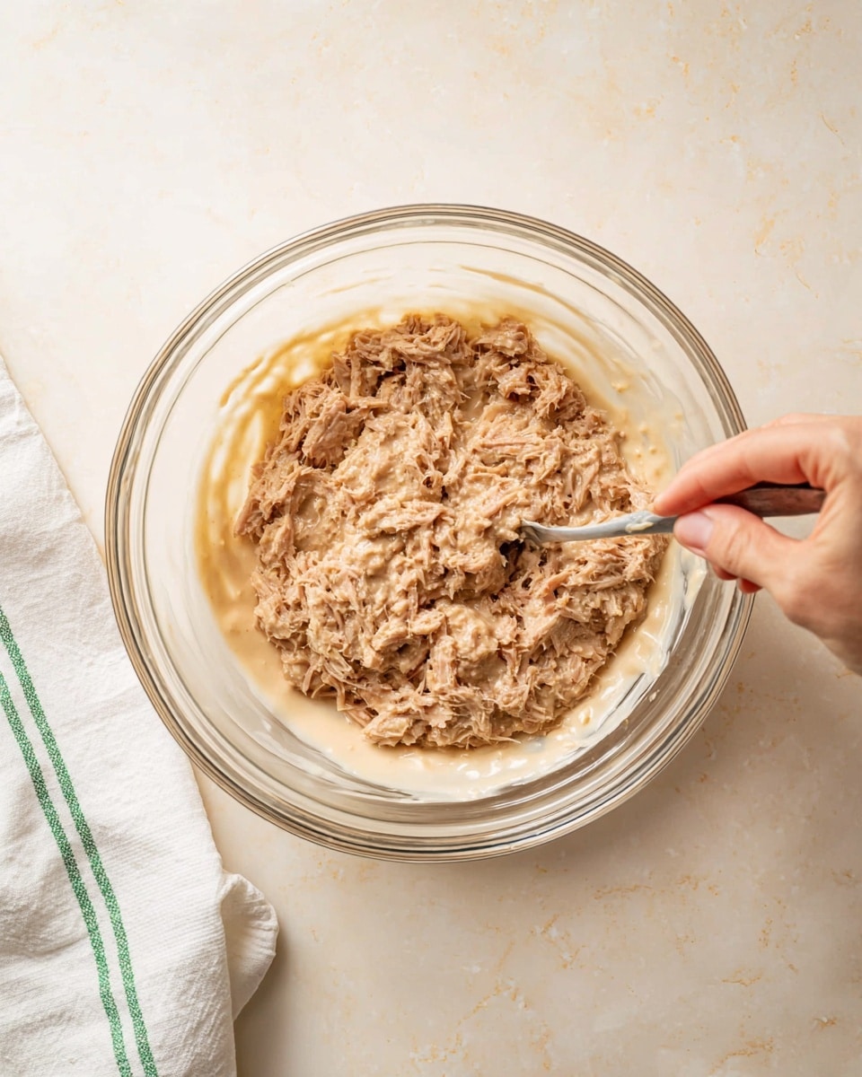 A clear glass bowl sits on a white marbled surface, filled with shredded, light brown tuna mixed with a creamy beige sauce, creating a textured, chunky layer inside the bowl. A woman's hand holding a spoon is seen stirring the mixture on the right side of the image. A white cloth with thin green stripes is partially visible in the bottom left corner. The overall scene is bright and softly lit. photo taken with an iphone --ar 4:5 --v 7