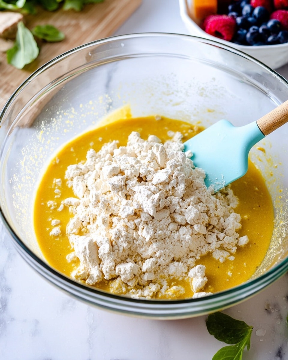 A clear glass bowl filled with a mixture of a yellow-orange liquid base and a large pile of white, crumbly textured tofu or similar ingredient on top, with a light blue silicone spatula partly submerged on the right side of the bowl; the bowl is placed on a white marbled surface with some green leaves scattered around, and there is a blurred wooden board with greens and a white bowl with mixed berries in the background, photo taken with an iphone --ar 4:5 --v 7
