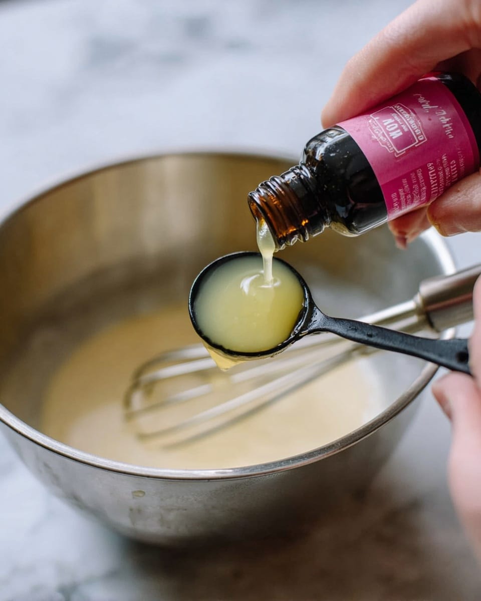 A close-up image shows a woman's hand holding a small black measuring spoon filled with a pale yellow liquid being poured from a small bottle with a pink label. The measuring spoon is held over a large metal mixing bowl containing a light cream-colored mixture. A metal whisk is resting inside the bowl, and the background features a white marbled texture. The scene captures the moment the liquid is added carefully to the spoon with soft, natural lighting. photo taken with an iphone --ar 4:5 --v 7