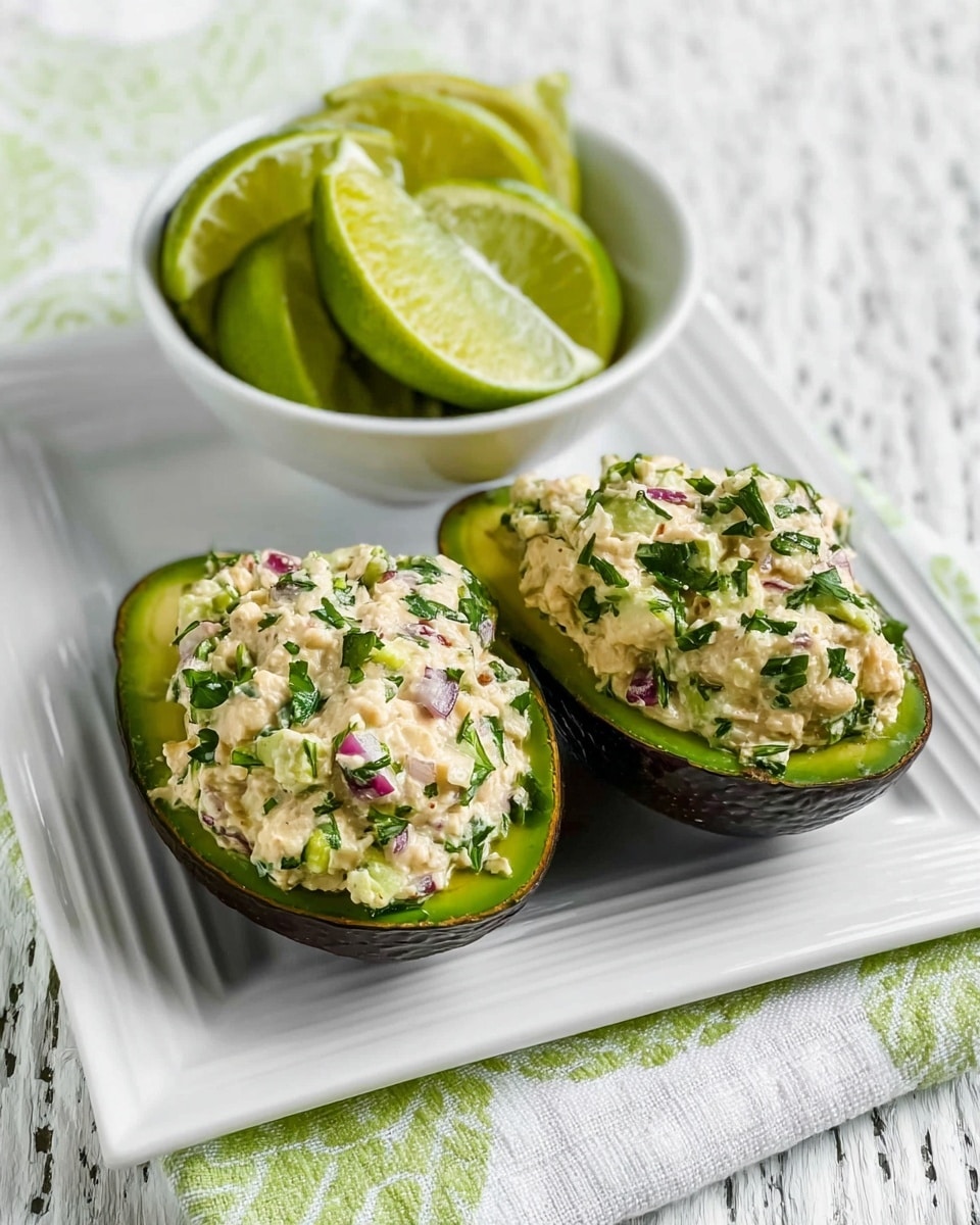 Two dark green avocado halves are hollowed and filled with a chunky mixture of light creamy texture combined with chopped green herbs and small pieces of red onion, giving it a fresh, mixed color look. The avocado skins provide a rough, dark green base for the filling, which is piled high in each half. Behind them sits a smooth, white bowl filled with four bright green lime wedges, arranged to show their juicy interiors. All items are placed on a white square plate with a subtle ridged edge, and the scene rests on a white marbled textured surface, accented by a white cloth with light green circular patterns. Photo taken with an iphone --ar 4:5 --v 7
