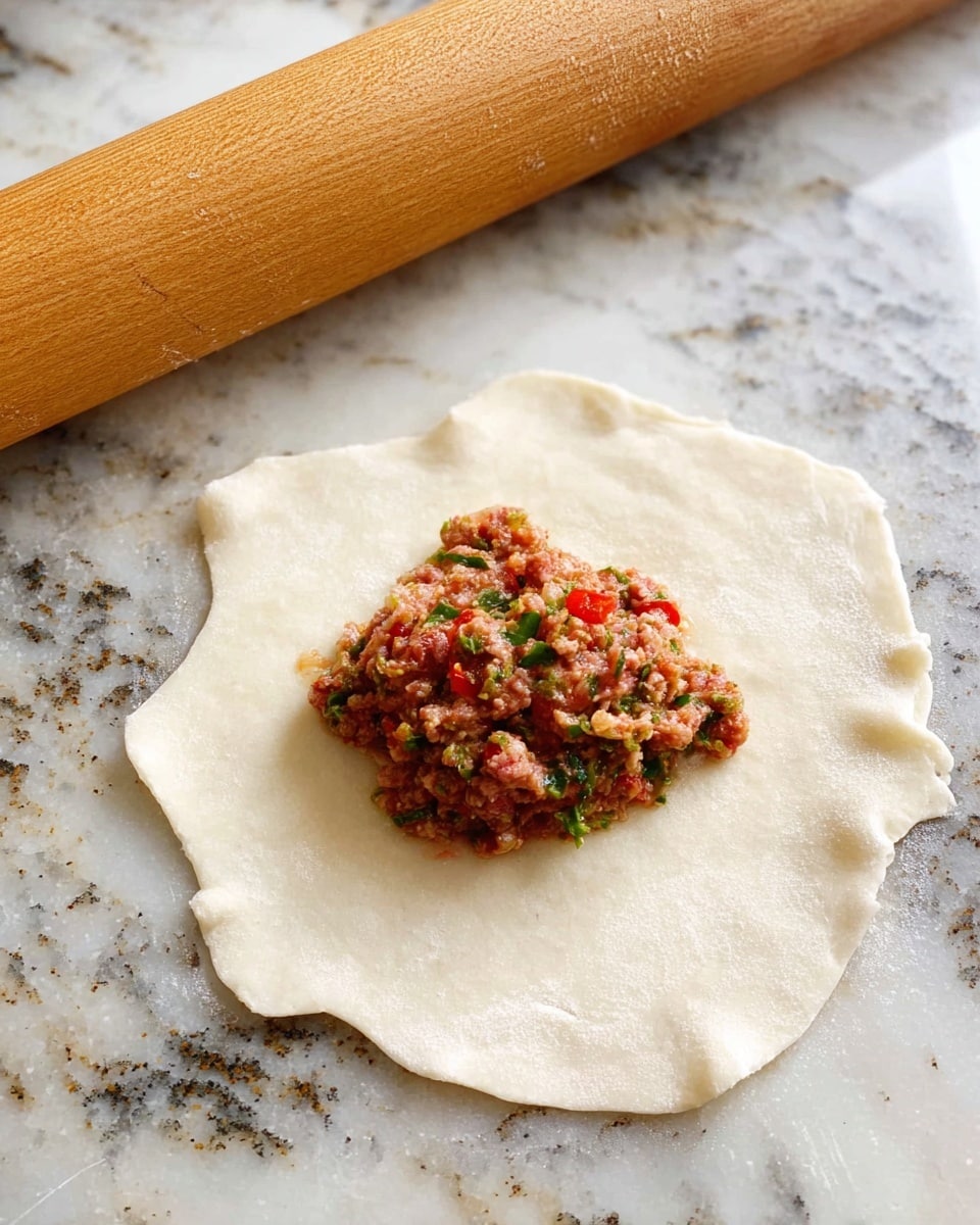 A single thin, round, slightly irregular white dough sheet lies flat on a white marbled surface, with a small mound of raw minced meat mixture placed in the center. The meat mixture includes visible bits of green herbs and red chili, giving it a mix of red, green, and brown colors with a slightly moist texture. At the top left corner of the image, a light wooden rolling pin rests on the white marbled surface. Photo taken with an iphone --ar 4:5 --v 7