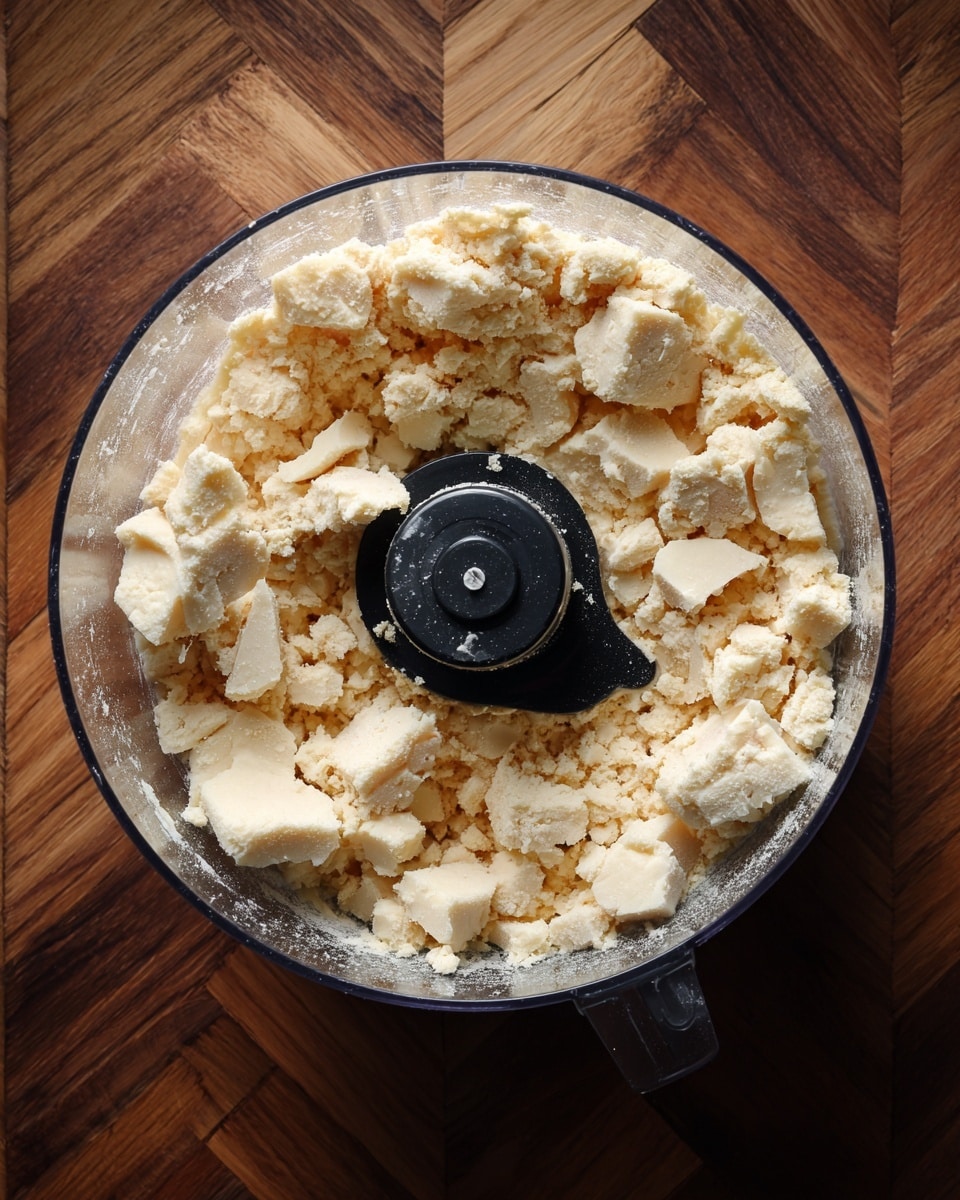 A clear round food processor bowl filled with uneven chunks of pale yellow and light beige soft ingredients, some pieces showing a crumbly texture, others smoother with small air pockets. The bowl has a black central blade holder in the middle, and it sits on a dark brown wooden surface with a herringbone pattern. Photo taken with an iphone --ar 4:5 --v 7