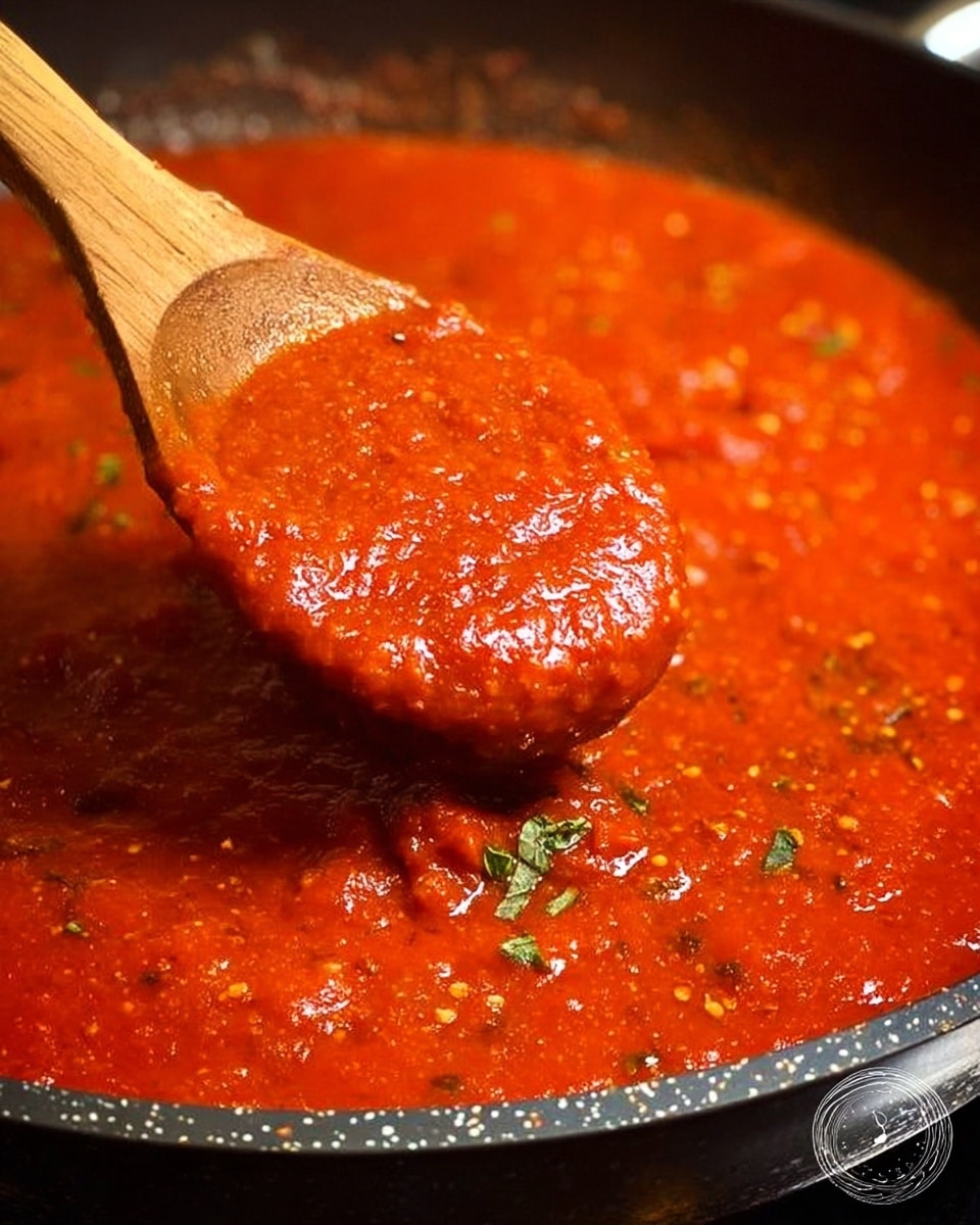 A close-up view of a wooden spoon lifting bright red tomato sauce from a dark pan, showing a thick, slightly chunky texture with bits of herbs and spices mixed in; the sauce has a smooth, shiny surface with small green flecks, and the pan edge is visible against a white marbled background. photo taken with an iphone --ar 4:5 --v 7