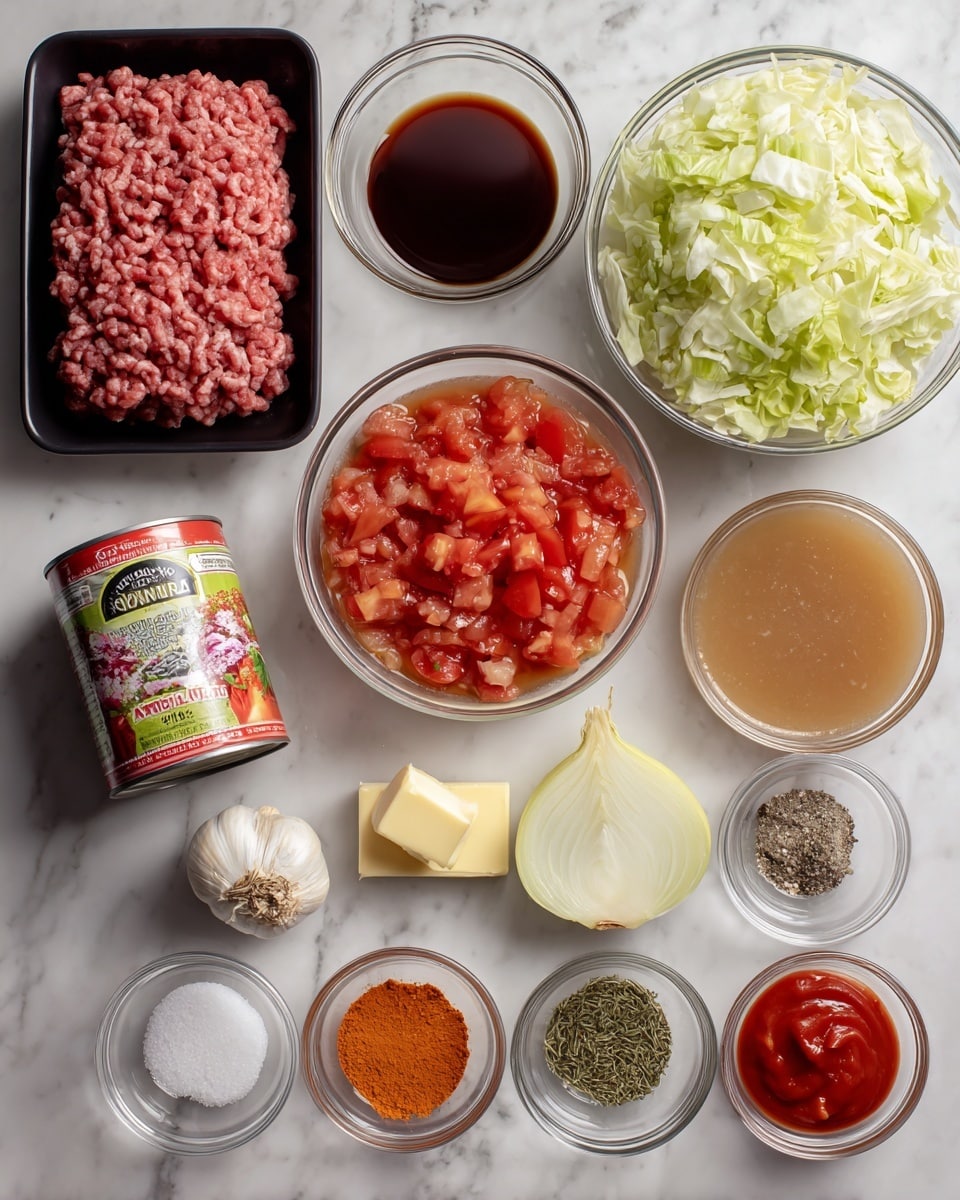 The image shows various ingredients arranged neatly on a white marbled surface. There is a black tray with raw ground beef on the left side. Above it, there is a small glass bowl of dark Worcestershire sauce and next to that, a larger glass bowl filled with light brown broth. On the right side, a large clear glass bowl holds chopped pale green cabbage. Below the broth is an open can of diced tomatoes with colorful label showing red tomatoes. On the bottom edge of the image, there are small glass bowls holding white and black pepper mix, brown sugar, and bright orange paprika powder. Also present are a few garlic cloves, a whole yellow onion, a small bowl with a rectangular piece of pale yellow butter, a bowl filled with smooth red tomato sauce, and a small bowl containing dried dill leaves. Each item is clearly visible and spaced out evenly. Photo taken with an iphone --ar 4:5 --v 7