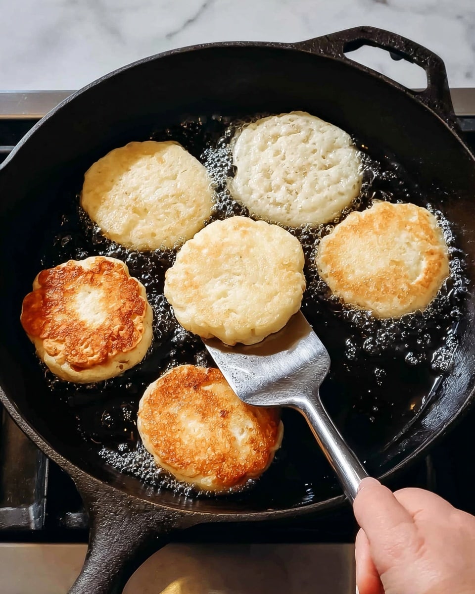 A black cast iron skillet with seven small round pancakes frying in oil, five pancakes are pale with a bubbly surface showing uncooked batter, and two pancakes are golden brown and crispy, one of these is being flipped by a woman's hand holding a metal spatula with a black handle. The skillet is on a stove with a white marbled texture under it. Photo taken with an iphone --ar 4:5 --v 7