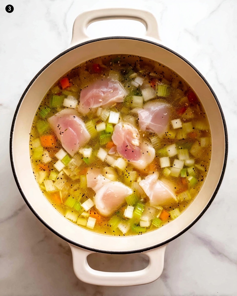 A white pot with two handles sits on a white marbled surface, filled with a clear golden broth. Inside the broth are several pale pink pieces of raw chicken, scattered throughout. Mixed with the chicken are small diced cubes of vegetables, including light green celery, white onion, and a few orange bits of carrot, all floating evenly in the broth. Small black specks of seasoning are spread throughout the liquid. The image is bright with natural light from above. Photo taken with an iphone --ar 4:5 --v 7