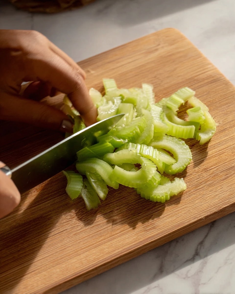 A close-up of a person's hand holding a knife slicing light green celery into thin, curved pieces on a rectangular wooden cutting board, placed on a white marbled surface, with soft natural lighting highlighting the fresh texture and slight translucency of the celery slices in the center. photo taken with an iphone --ar 4:5 --v 7