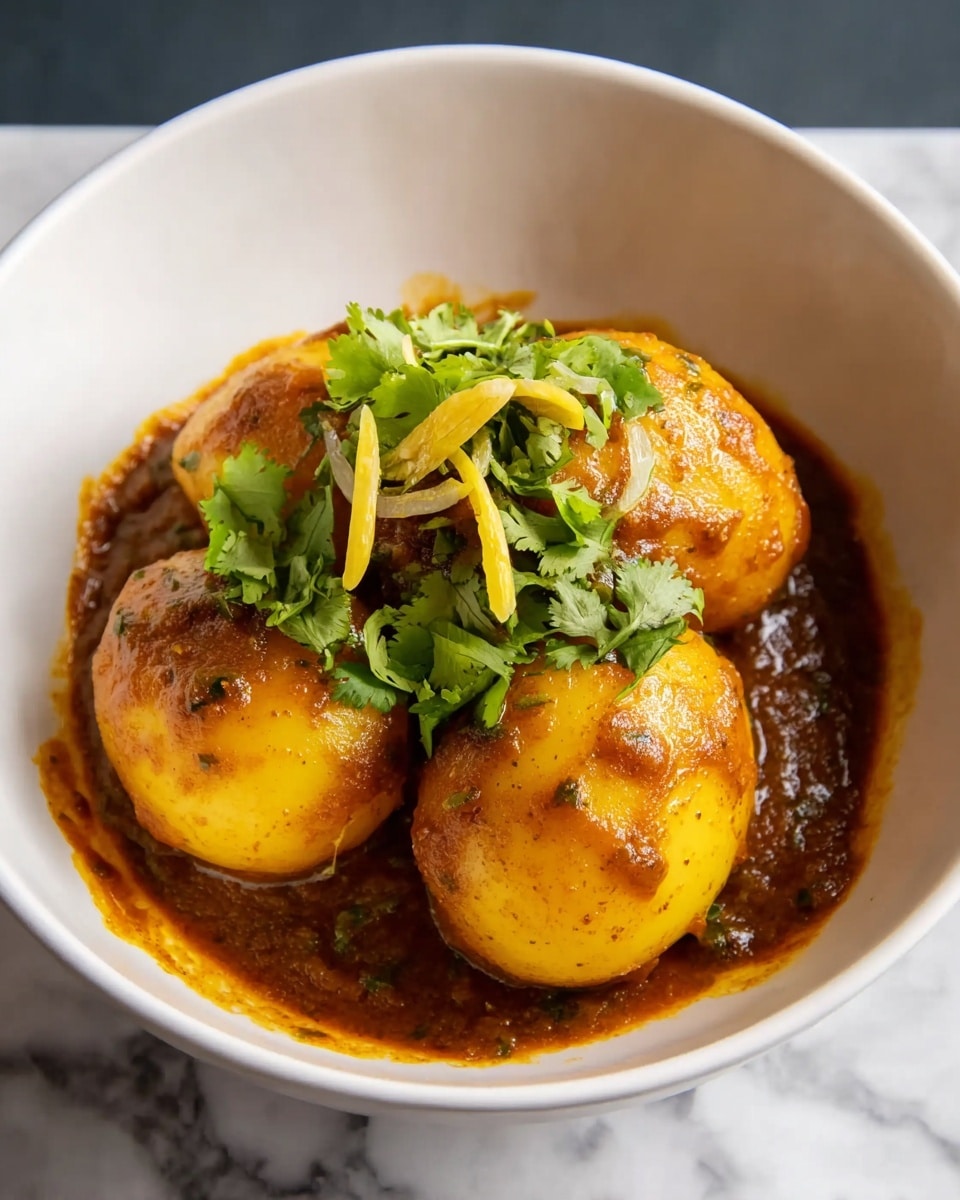 A white bowl holds four yellow potatoes covered in thick brown sauce. The potatoes have a smooth texture with a slight shine from the sauce, which looks rich and slightly chunky. On top of the largest potato, there are two green coriander leaves and small thin slices of yellow ginger, giving a fresh contrast to the warm colors of the dish. The bowl is placed on a white marbled surface. photo taken with an iphone --ar 4:5 --v 7