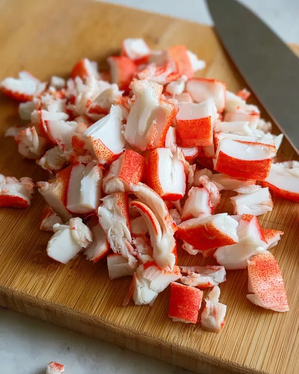 A pile of small chopped pieces of crab sticks with bright red edges and white centers is placed on a light brown wooden cutting board. A silver knife lies next to the chopped crab sticks, showing a shiny and smooth metal texture. The crab pieces have a mix of flat and slightly curled shapes, giving a varied texture to the pile. The background under the cutting board is a white marbled surface that softly contrasts with the wood. photo taken with an iphone --ar 4:5 --v 7