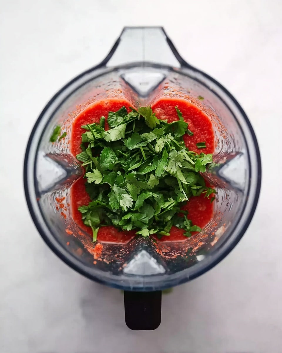 The image shows a clear blender from above with a mixture inside. At the bottom, there is a bright red layer of tomato or red ingredients, topped with fresh green cilantro leaves that are spread evenly. The blender is on a white marbled surface, and the clear container shows some small bits of food stuck on the sides. photo taken with an iphone --ar 4:5 --v 7
