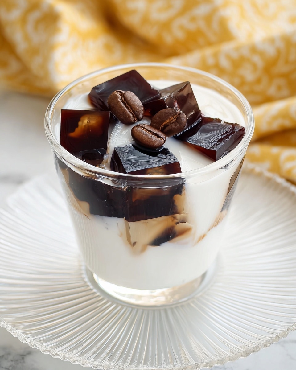 A clear glass cup filled with about two layers of dark brown coffee jelly cubes and white creamy milk mixed around them. The coffee jelly cubes are shiny and smooth, creating a contrast with the soft and slightly foamy white milk. On top of the jelly cubes, there are three whole dark brown coffee beans scattered as decoration. The cup is set on a transparent white plate with a ridged texture, placed on a white marbled surface with a soft yellow patterned fabric blurred in the background. Photo taken with an iphone --ar 4:5 --v 7