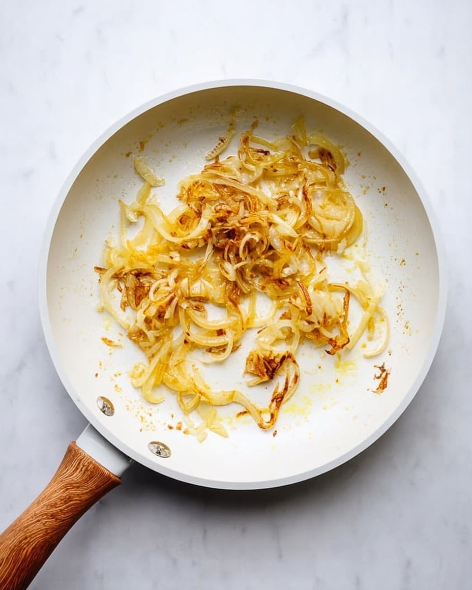 A white frying pan with a wooden handle is on a white marbled surface. Inside the pan, there are thin strips of onions frying, showing a mix of golden brown and light yellow colors. The onions are spread unevenly, with some pieces more browned and crispy, while others are softer and lighter. The pan surface has small spots of oil shine around the onions. Photo taken with an iphone --ar 4:5 --v 7