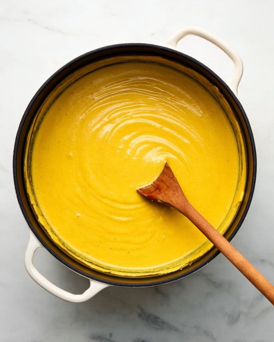 The image shows a thick, smooth, bright yellow soup or sauce inside a round black pot with white handles on both sides, placed on a white marbled surface. The yellow mixture fills most of the pot, with some swirled texture on the surface. A wooden spoon with a light brown handle is resting inside, with its end dipped in the yellow liquid. The pot is seen from above, showing the even color and creamy texture of the contents. Photo taken with an iphone --ar 4:5 --v 7