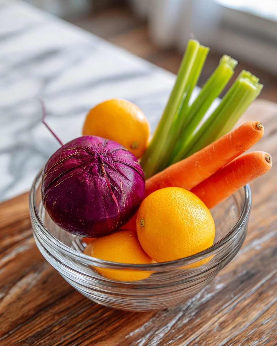 A clear glass bowl holds several fresh vegetables and fruits. In the middle, a round purple root vegetable sits on top, surrounded by three bright orange carrots on the right side and three green celery stalks behind it. There are also three yellow oranges placed around the root vegetable and carrots, creating a colorful mix inside the bowl. The bowl is set on a white marbled surface with a blurred wooden texture in the background. Photo taken with an iphone --ar 4:5 --v 7