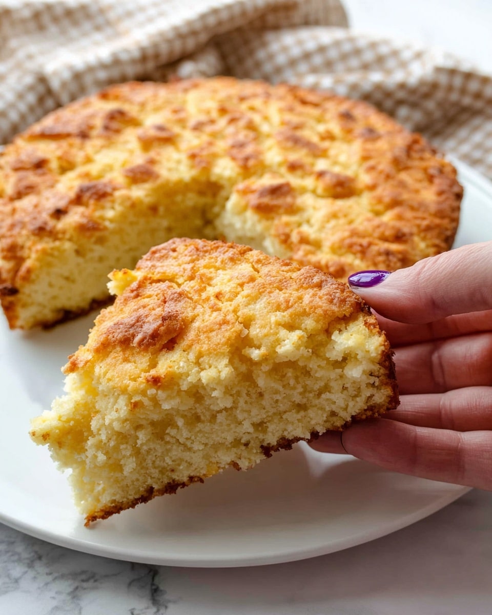 A round, thick bread with a rough, golden brown crust sits on a white plate on a white marbled surface. The bread is divided into six large, uneven sections, with one piece slightly pulled away to show its dense, creamy interior that has a soft texture. The crust is uneven and bumpy with darker brown spots, giving it a homemade look. In the background, there is a soft, checkered beige and brown cloth that adds a cozy touch to the scene. Photo taken with an iphone --ar 4:5 --v 7