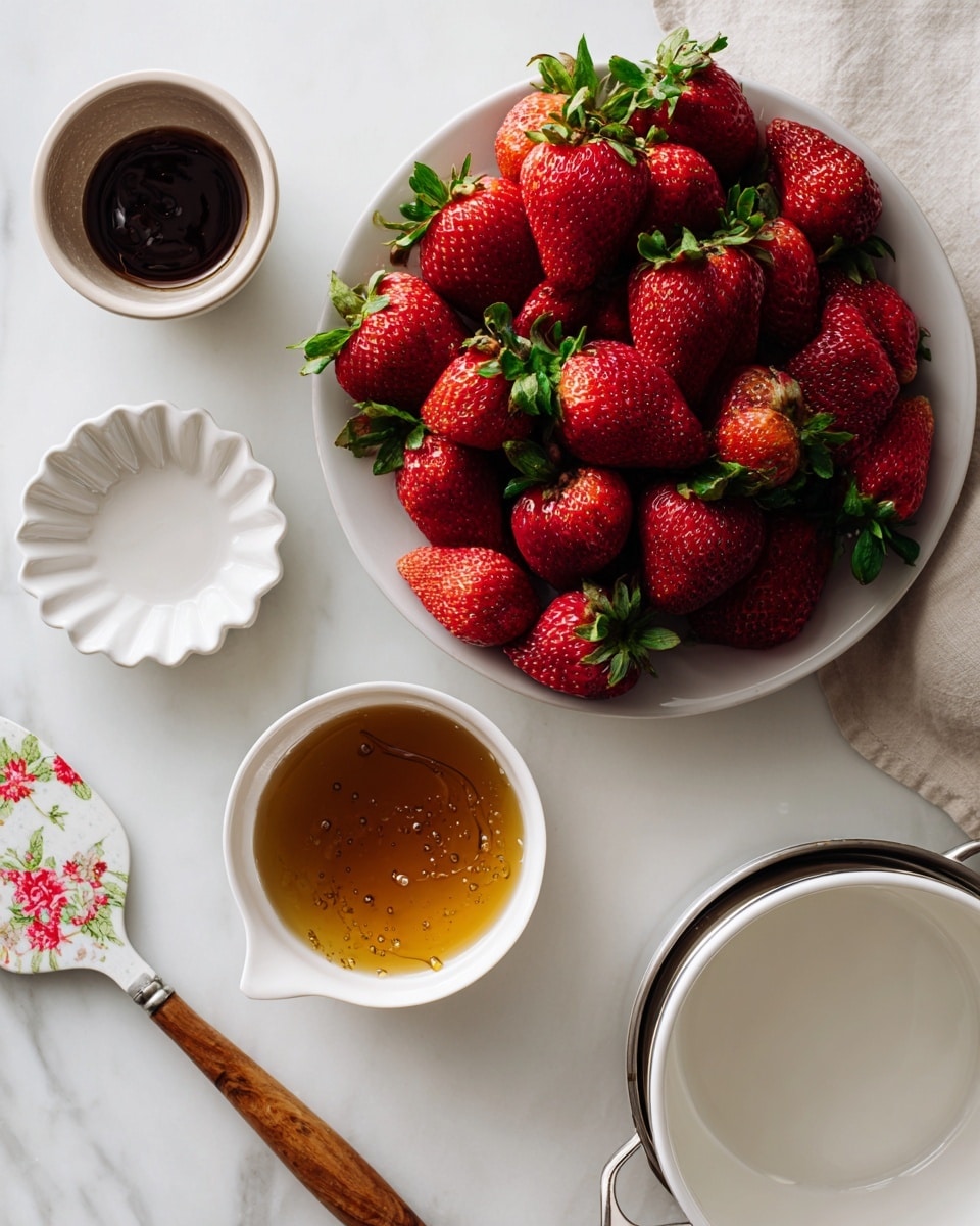A white bowl filled with bright red strawberries that have green leafy tops sits near the top right of the image. Below it, a smaller white bowl holds golden maple syrup that has a light shine on its surface. To the left, there is a small white fluted dish with dark brown vanilla bean paste. At the bottom right, a white saucepan with a metallic rim and a dull grey handle is partially visible on a white marbled surface. A spatula with a floral pattern and a wooden handle lies near the bottom left corner. The overall scene is bright and clean with soft natural light. photo taken with an iphone --ar 4:5 --v 7