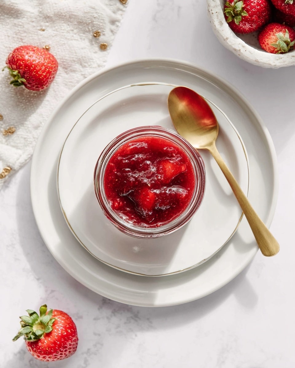 In the center, there is a small clear glass jar filled with a bright red strawberry sauce that looks thick and textured with small pieces of strawberries visible. The jar sits on a clean white plate, which is on top of a slightly larger white plate, all placed on a white marbled surface. A shiny gold spoon rests on the right side of the smaller plate, angled toward the jar. To the top right, there is a white bowl filled with fresh bright red strawberries with green tops. A few strawberries also lie directly on the white marbled surface near the top left of the image. Photo taken with an iphone --ar 4:5 --v 7