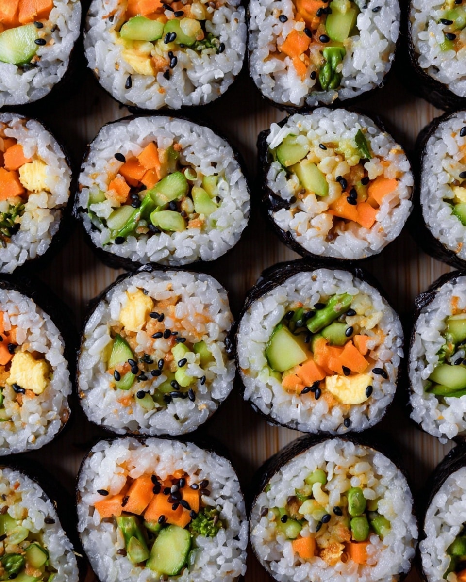 The image shows several sushi rolls placed closely on a thin bamboo mat. Each roll has three visible layers: a dark, smooth seaweed outer layer, a thick white rice layer with a slightly sticky texture, and a creamy light pink filling mixed with light green avocado slices. The rolls are topped with small black and white sesame seeds and flecks of green herbs, giving a dotted look on the surface. The sushi pieces are round and cut evenly, showing a compact and fresh appearance. photo taken with an iphone --ar 4:5 --v 7