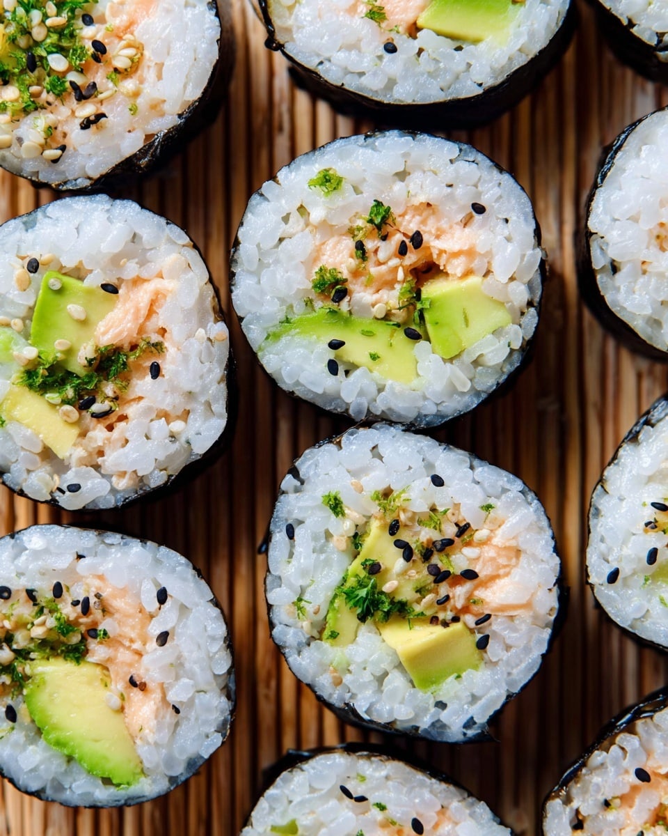 A close-up top view of many sushi rolls arranged tightly on a white marbled surface. Each roll has three clear layers: the outer black seaweed wrap, the middle layer of white rice with a slightly grainy texture, and the inner fillings made of small green asparagus stalks, orange carrot pieces, light yellow egg strips, and cucumber chunks. Black sesame seeds are sprinkled inside the rolls, adding tiny dark spots. The rolls are round but slightly uneven in shape, showing the natural handmade look. Photo taken with an iphone --ar 4:5 --v 7