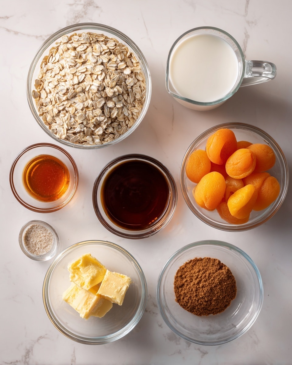 The image shows seven clear glass bowls on a white marbled surface. One bowl is filled with light beige rolled oats, another with six bright orange apricots. A smaller bowl contains a dark amber maple syrup, another has a small amount of dark brown vanilla extract. There is also a bowl with a pale yellow chunk of butter, a small bowl with a bit of reddish-brown cinnamon powder, and a clear glass measuring cup filled with white almond milk. All the bowls and the measuring cup are spaced apart evenly. Photo taken with an iphone --ar 4:5 --v 7